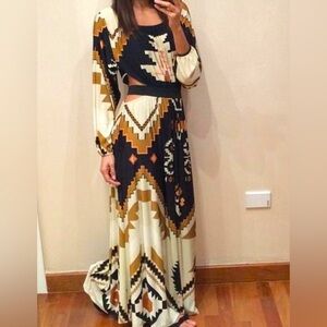 FARM Rio Long Sleeve Dress - Black, Orange, Cream